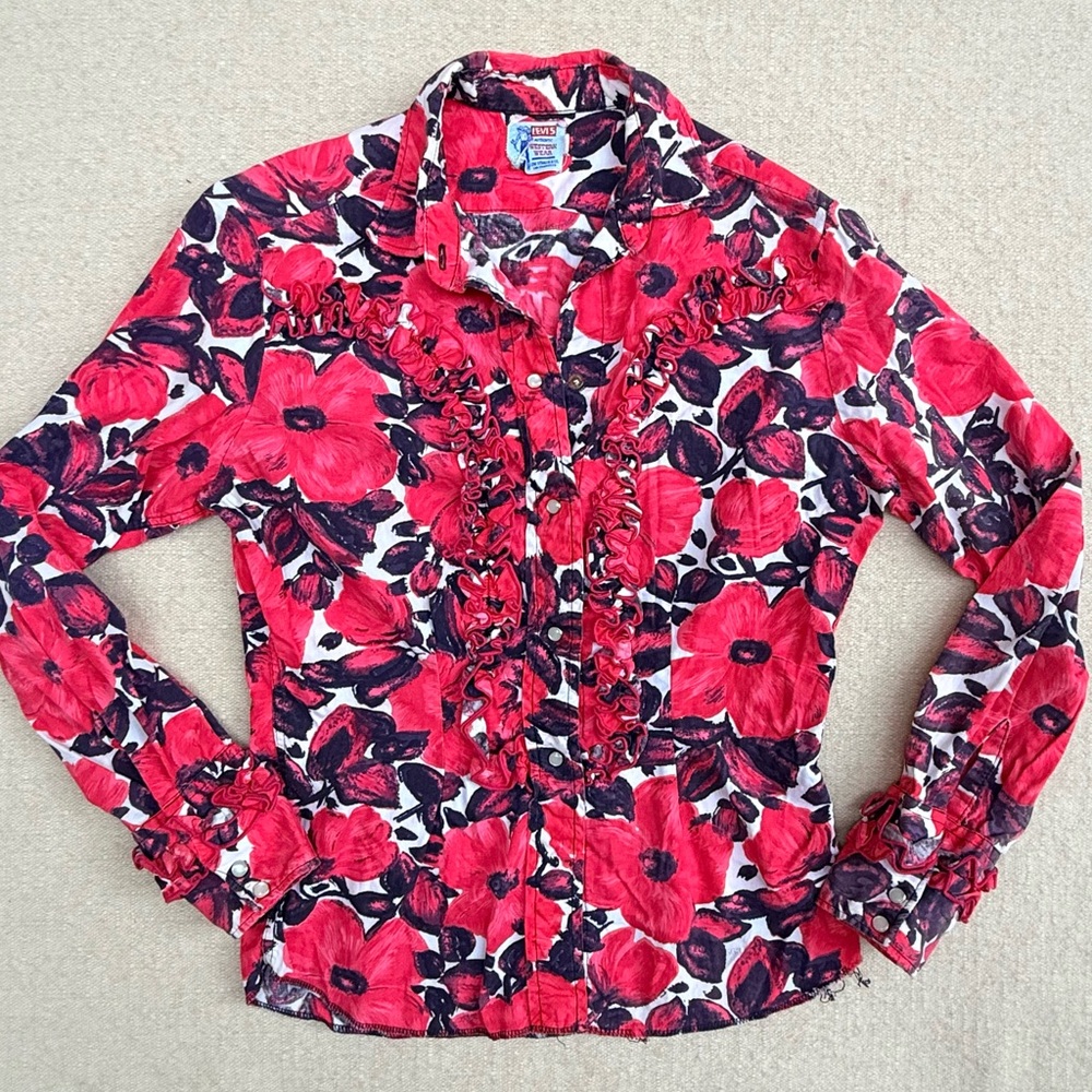 Levi's Vintage Western Wear Floral Painted Pink Black Ruffle Blouse Top Cowboy S